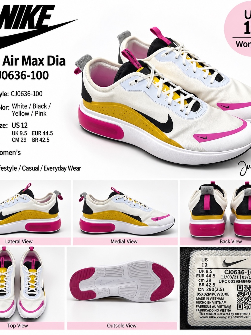 Nike Women's White, Yellow & Pink Air Max Dia Athletic Sneakers